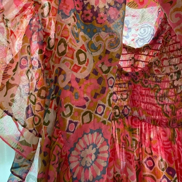 70s Sheer Boho Smocked Bodice Maxi Dress Full Sweep w Ruffled Wrap - Picture 7 of 8